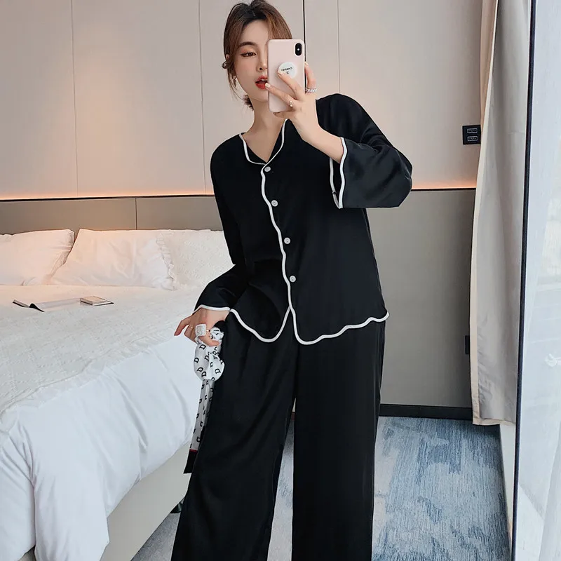 

Black Casual 2PCS Faux Silk Pajamas Suit Women Spring Autumn Home Wear Full Sleeve Shirt&Pant Pyjama Turn-down Collar Nightwear