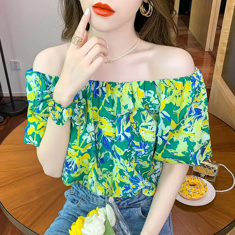 

COIGARSAM Blouse Women Summer 2021 Sexy Short Sleeve Slash Neck Puff Sleeve Green Blue Blusas Womens Tops And Blouses
