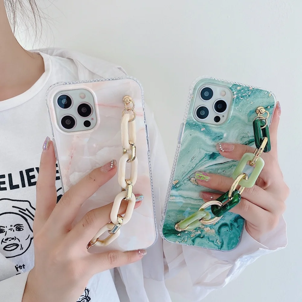 

Fashion Green Agate Bracelet Marble Phone Case For iPhone 12 Mini 11 Pro Max XR XS Wrist Chain Silicone Cover On SE2020 7 8 Plus