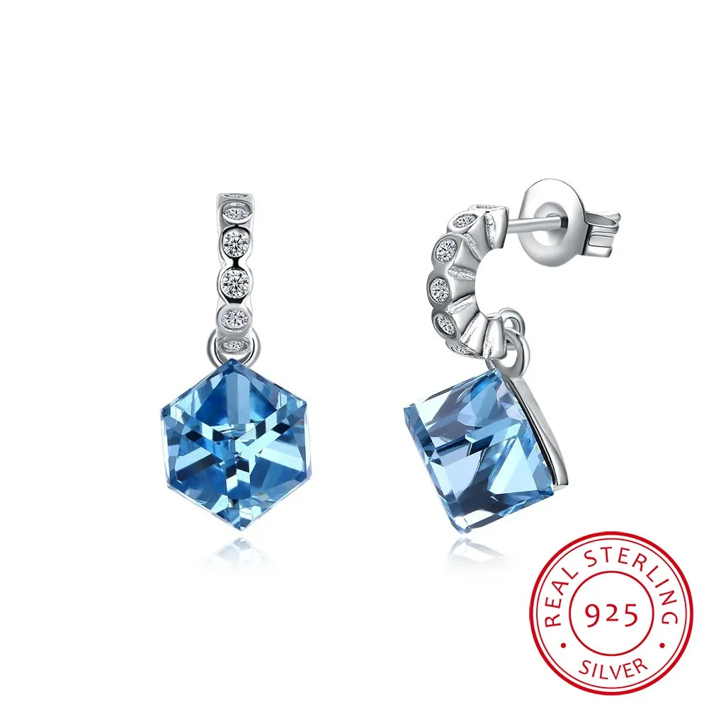 

LEKANI Original Crystals Piercing Earring For Women 925 sterling silver Cube Stud Earring Jewelry Gifts Wholesale
