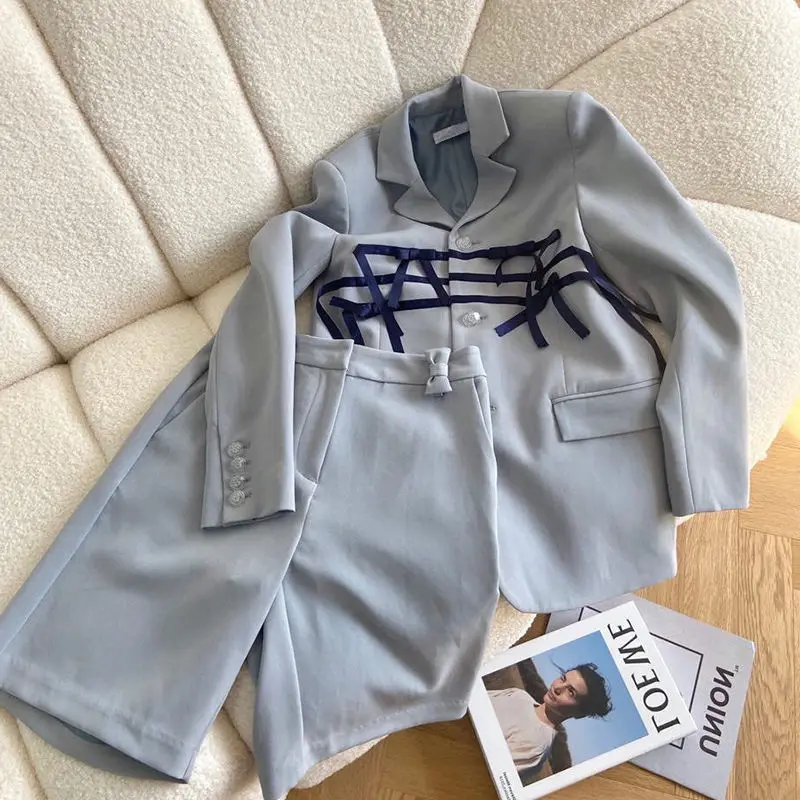 

Sister Fara Spring Fashion Loose Ribbons Blazer Women's Two Piece Suit + High Waist Shorts Summer Casual Ladies Two Piece Suit