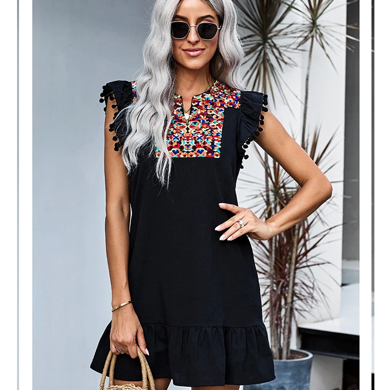 

Женское этническое мини-платье с круглым вырезом и цветочной вышивкой, женское пляжное платье без рукавов в богемном стиле, свободные Модны...