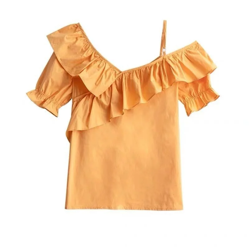 

2021 Korean New Summer Shirt Women V Neck Off Shoulder Spaghetti Strap Blouse Solid Ruffle Short-sleeve Blouses Tops Blusas Y550