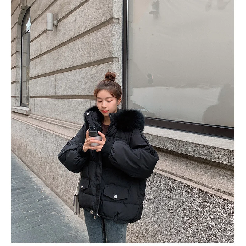 

Женский пуховик с хлопковой подкладкой, однотонная модная короткая свободная повседневная куртка с меховым воротником и капюшоном