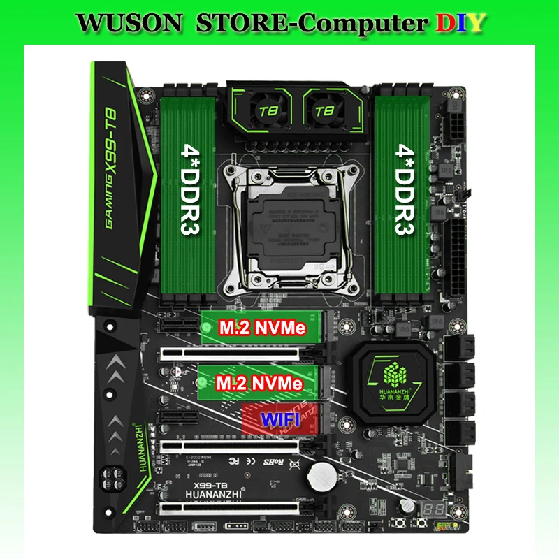 Новое поступление HUANANZHI X99 T8 материнская плата с 8 DDR3 DIMM слота памяти Двойной M.2 NVMe