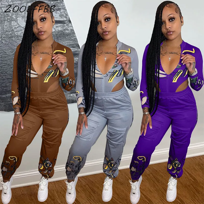 

ZOOEFFBB Sexy 2 Piece Sets Womens Outfits Tracksuit Long Sleeve Zipper Up Cut Out Tops Pant Suits Clubwear Lounge Matching Set