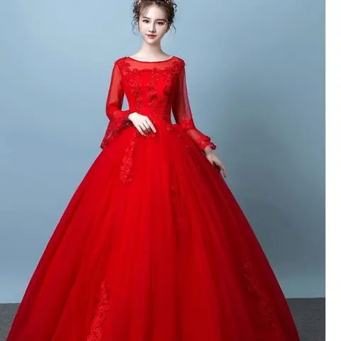 N11136 милые женские красные свадебные платья невесты с длинными кружевными расклешенными рукавами, вечерние платья для выпускного вечера, бальное платье длиной до пола для девочек