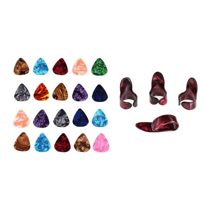 

54 шт. гитары Палочки s: 50 шт. 0,46 мм красочные гитары целлулоид Палочки s медиаторы для бас & 4 шт. красный гитара палец правой руки Палочки Finge