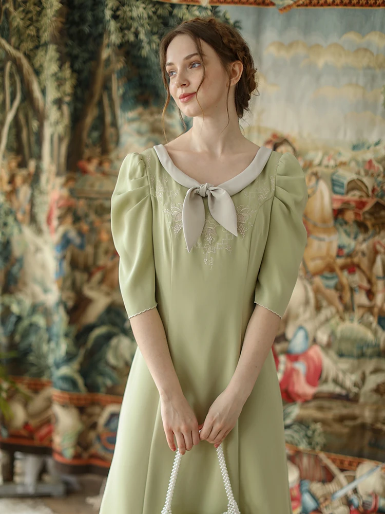 LYNETTE'S CHINOISERIE Summer New Original Design Women Vintage Mori Girls Flower Embroidery Bow Collar Light Green Dresses