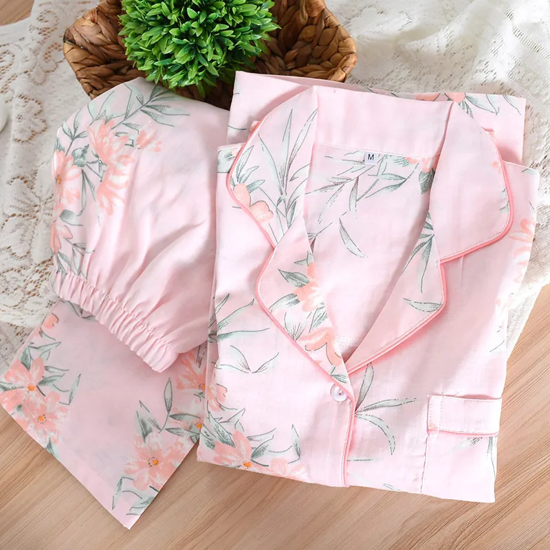 Spring/Autumn New Pajamas Set Women Pure Cotton Gauze Flower Thin Summer Lapel Long Sleeve Sleepwear Ladies Loose Comfy HomeWear