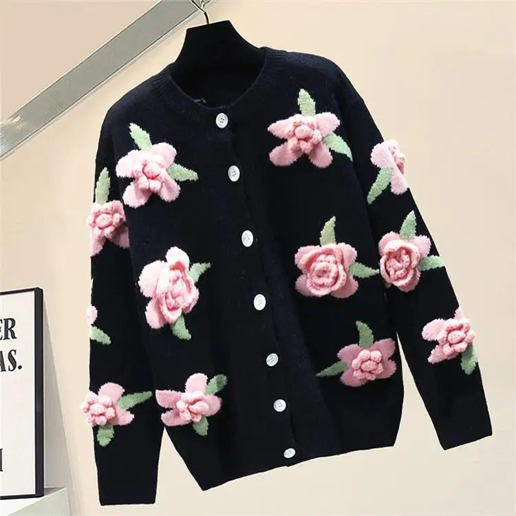 Женский объемный кардиган с цветочным рисунком оверсайз корейская мода женская