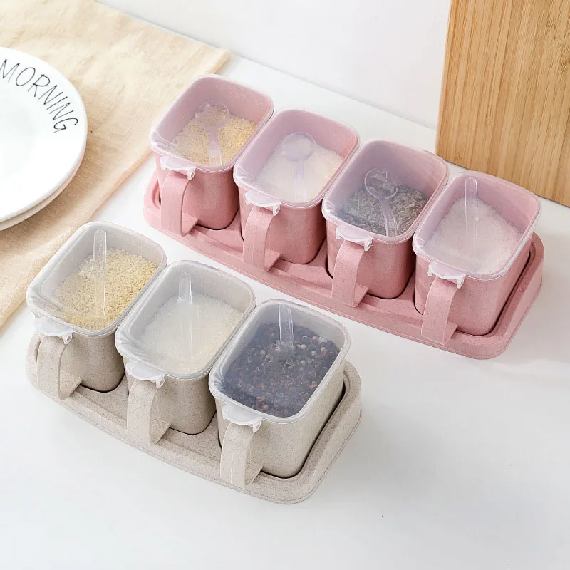 

Seasoning Box Kitchen Supplies Wheat Straw With Label Separated Independent Salt Sugar Seasoning Jar Set Box Home Accessories
