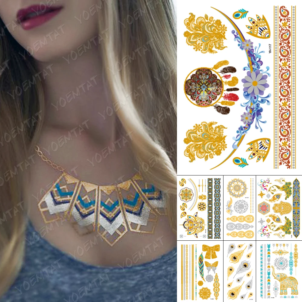 

Waterproof Temporary Tattoo Sticker Metal Gold Silver Bracelet Mandala Flower Jewelry Flash Tatto Girl Henna Body Art Fake Tatoo
