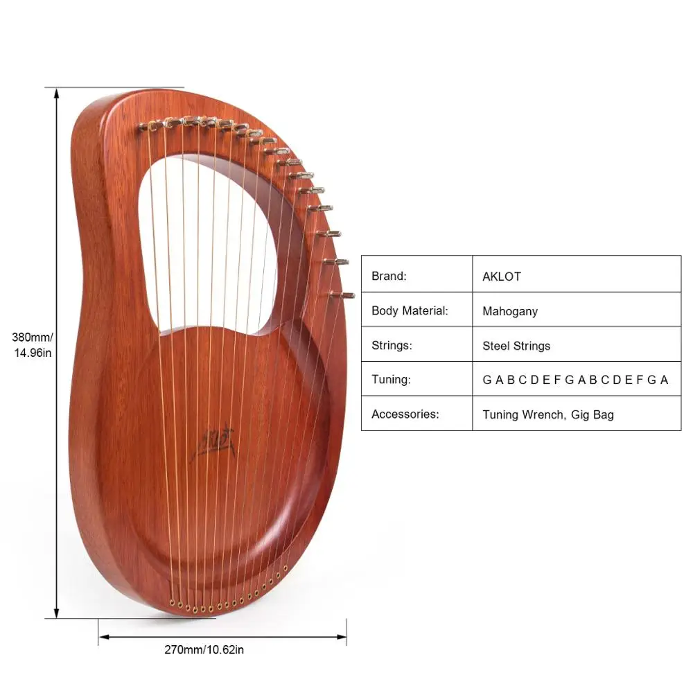 AKLOT Lyre Harp 16 струн из массива красного дерева с пикапом молоток для тюнинга сумка