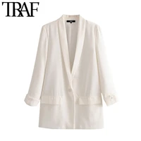 traf women fashion office wear single button blazer coat vintage long sleeve pockets female outerwear chic tops