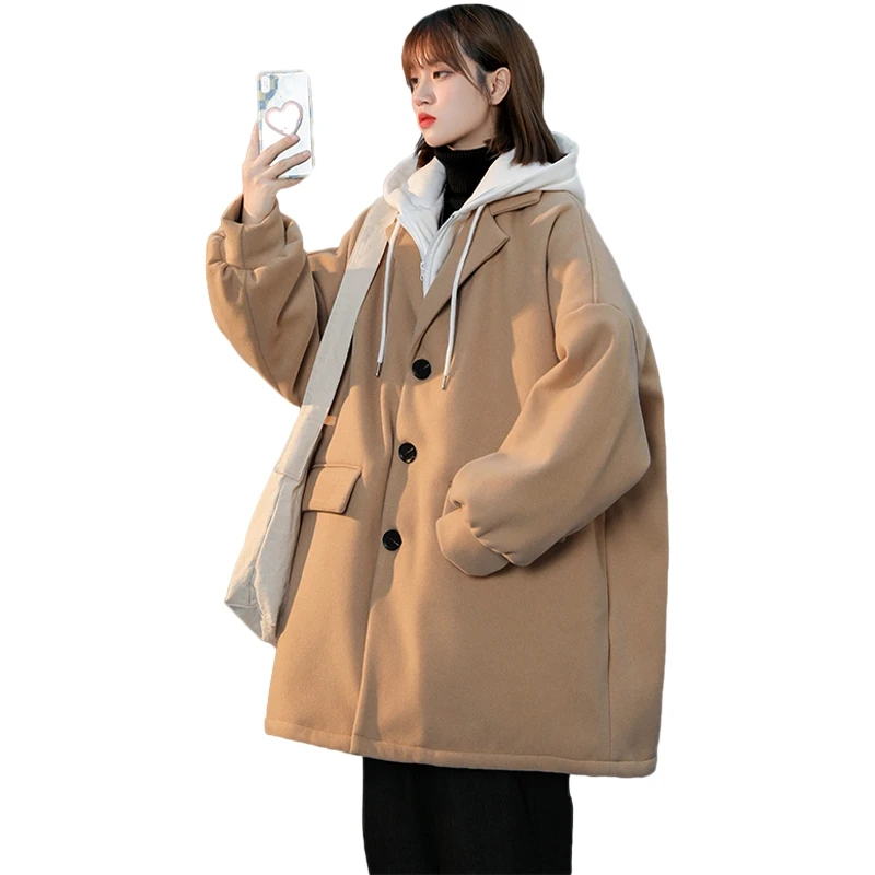 

Hooded Woolen Coat Korean Women Loose Winter Holiday Two Thick Student Woolen Coat Retro Casual Versatile