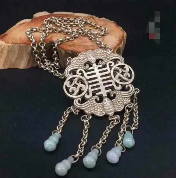 

Chinese Antique Miao Silver Pendant Fu Lu Shou Pendant Gourd Jade Gourd Necklace