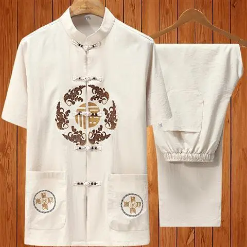 

Traditional Chinese Clothing Set Man Oriental 2 Pieces Tai Chi Kung Fu Uniforms Short Sleeve Tang costume Linen Casual Costumes