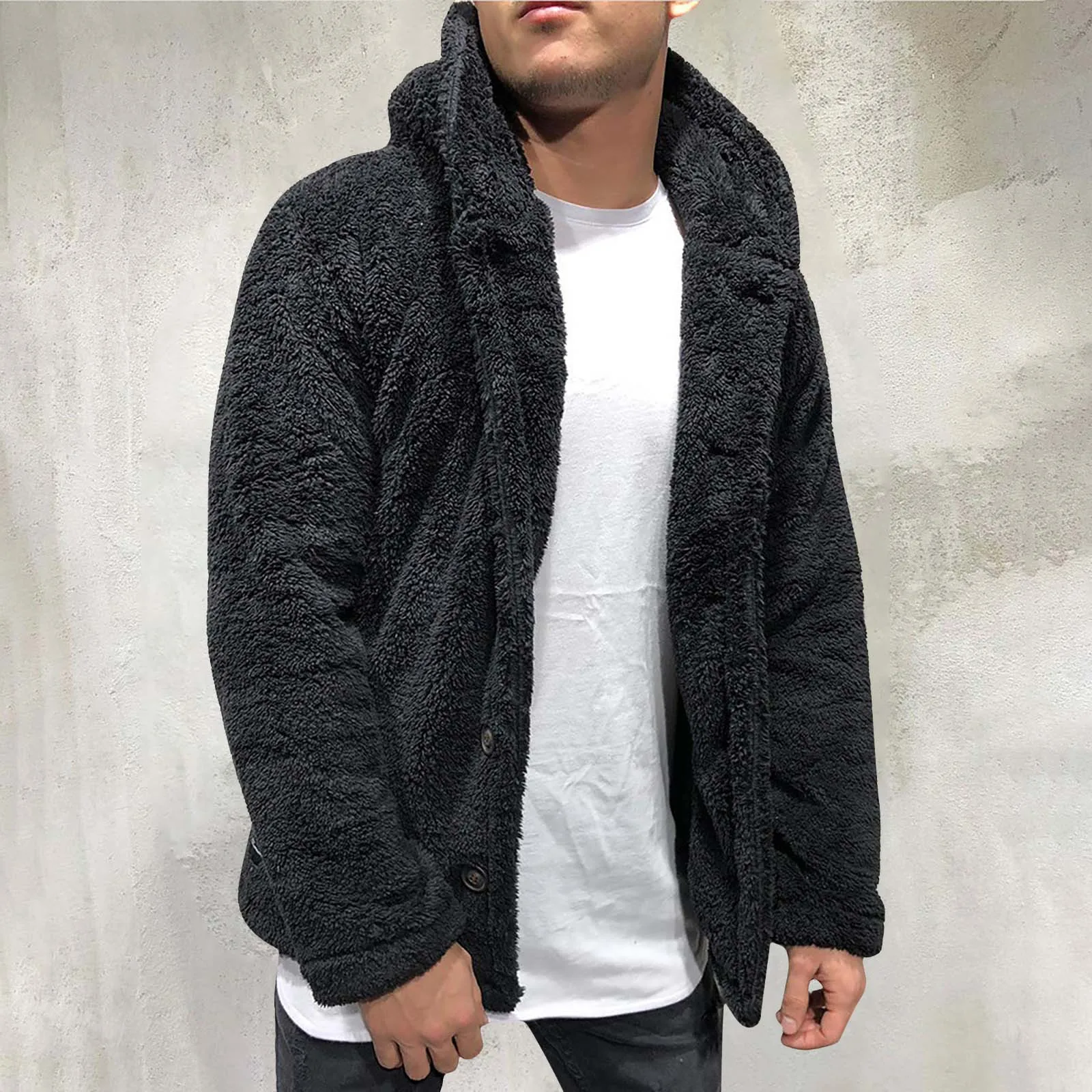

Nice Mens Lapel Faux Fur Coat Pure Color Loose Hooded Coat Plush Short Jacket For Man Autumn Winter Top Clothes Fausse Fourrure