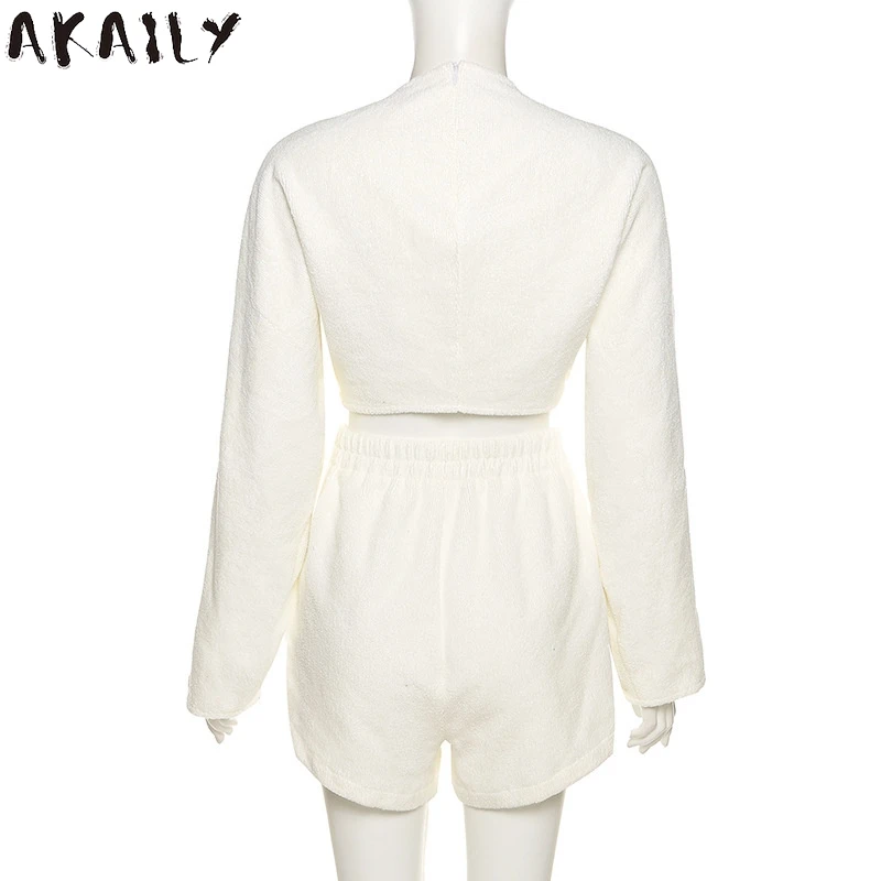 

Akaily Autumn Streetwear White Fleece 2 Two Piece Sets Womens Outftis Drawstring Long Sleeve Shawl Skinny Shorts Sets Female