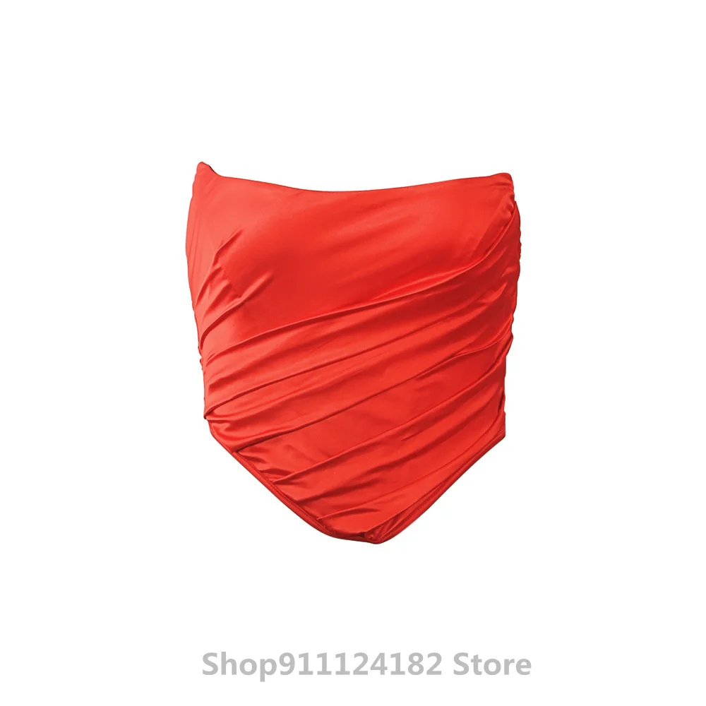 

High Quality Red Tube Top Pleated Corset With Fish Bone Cross-Border European and American Net Celebrity Sexy Cropped Vest Top