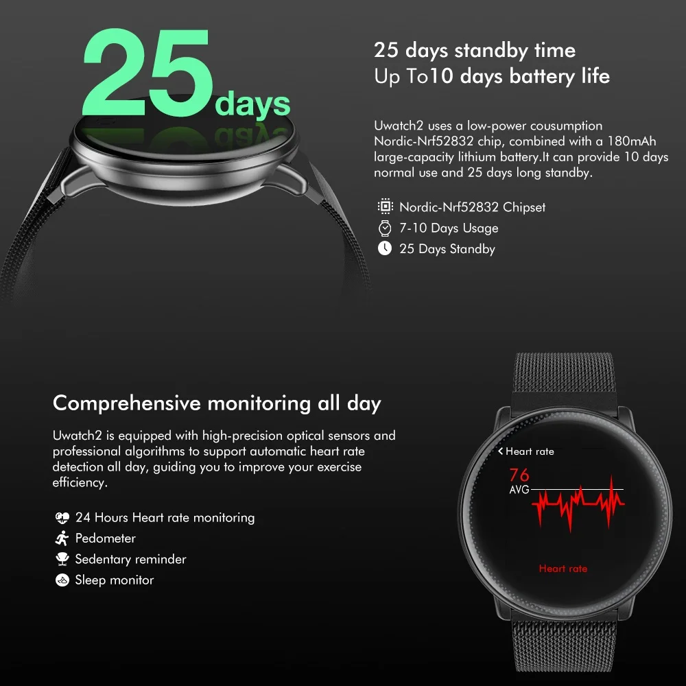 Умные часы Uwatch2 1,3" ips 240*240 дисплей BT4.0 фитнес Шагомер калорий умный таймер пульсометр сна монитор наручные часы