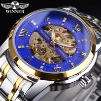 winner blue golden skeleton diamond men mechanical watch silver stainless steel waterproof automatic luxury watch luminous clock
