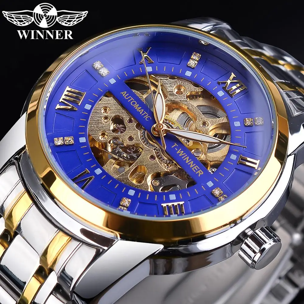 Winner Blue Golden Skeleton Diamond Мужские механические часы серебристые из нержавеющей стали