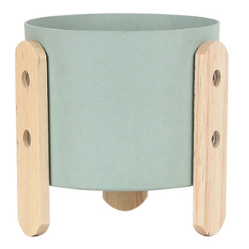 

Macaron Color Flowerpot Iron Planter Pot with Wooden Stand Home Craft Deco Plant Pot with Hole Green