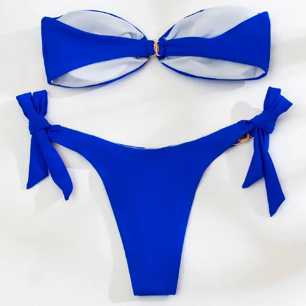 

Women Sexy Bra Panties Split Swimsuit Push-Up Blue Rhinestone Bikini Set Tube Top Tube Top Gathered Blue Diamonds for Beach