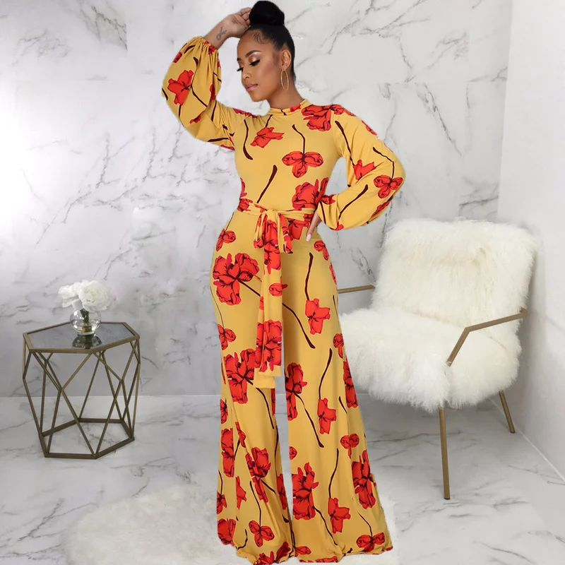 

New Fashion Jumpsuit Women Autumn Sexy Casual Long Sleeve O-neck Leaves Print Bodycon Wide Leg Overall Club Party Elegant Romper