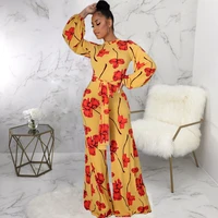 new fashion jumpsuit women autumn sexy casual long sleeve o neck leaves print bodycon wide leg overall club party elegant romper