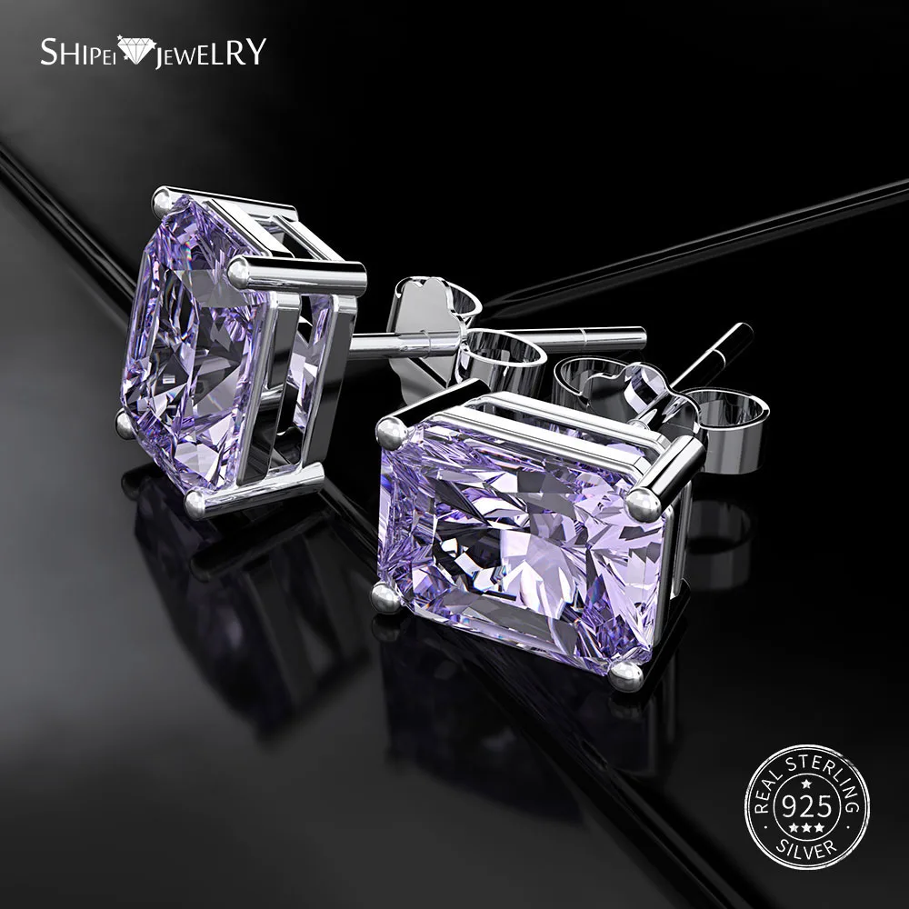 Фиолетовый Shipei создан сапфир серьги гвоздики 925 стерлингового серебра Eearings для женщин драгоценный камень серьги гвоздики Подарок на годовщину свадьбы - Цвет камня: Фиолетовый