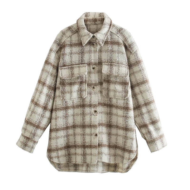 

Women Jacket Autumn Winter Oversize Abrigo Mujer Streetwear Pockets Overcoat Female Tops Vintage Loose Plaid Tweed Coat