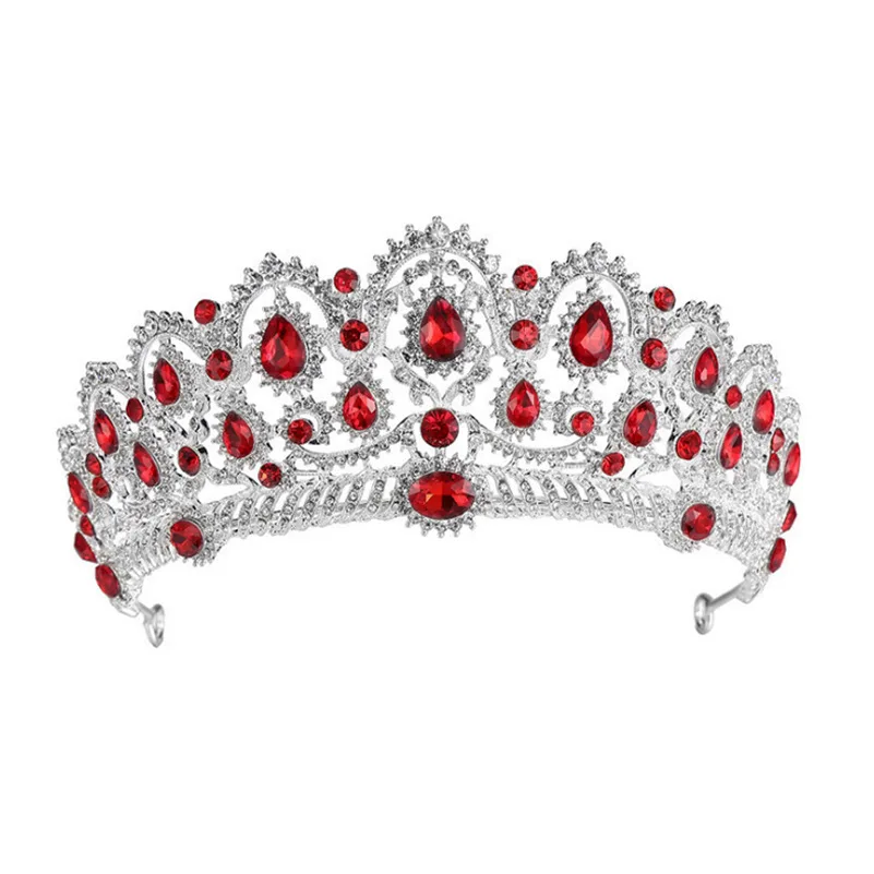 Silver Red Роскошная свадебная тиара, большие стразы, кристалл, Королевская корона, свадебные аксессуары для волос, диадема, головная повязка, пышные украшения для волос, головной убор - Окраска металла: Silver Red