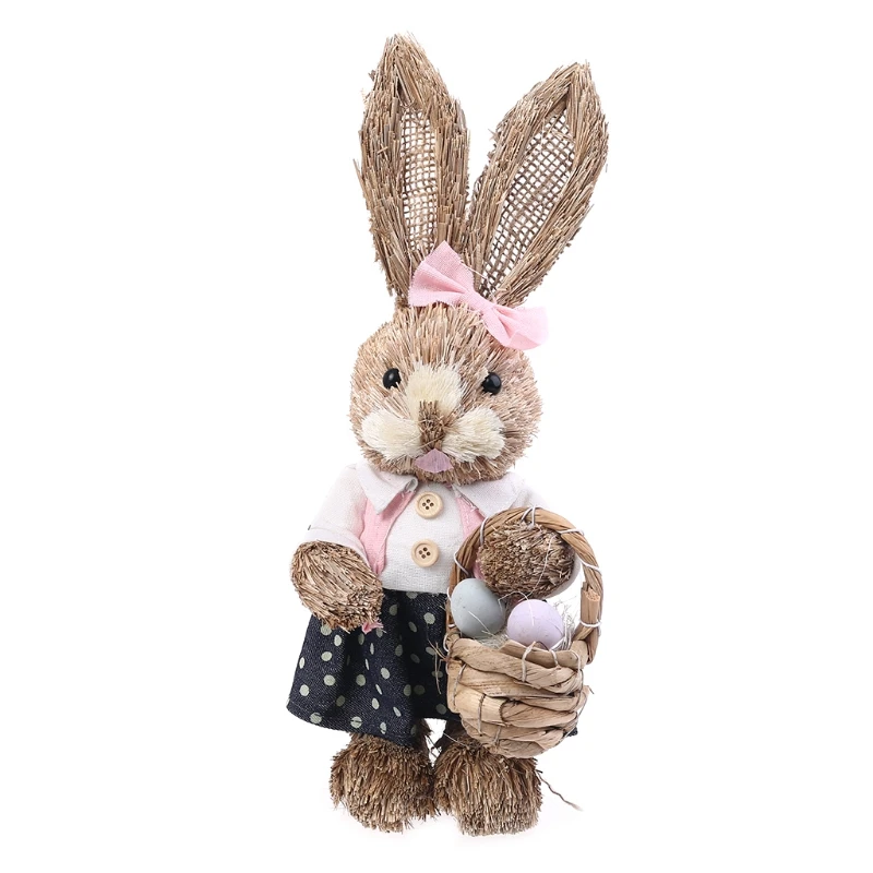 

14" Artificial Straw Bunny Standing Rabbit with Carrot Home Garden Decoration Easter Theme Party Supplies