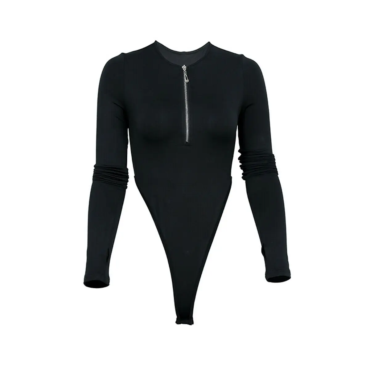 Женское боди с открытыми плечами длинным рукавом и молнией спереди|Комбинезоны c