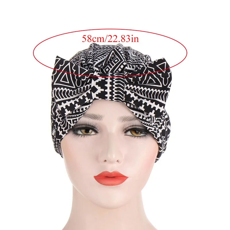 

Women Turban Cap Removable Bow Print Hat Bonnet Headwear Bandana Muslim Beanie Cap High Quality India Hats Head Scarf For Women