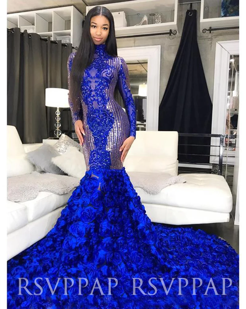 

African Black Girl Long Prom Dresses 2020 Exquisite Beaded Handwork Top Long Sleeve 3D Flowers Royal Blue Mermaid Prom Dress