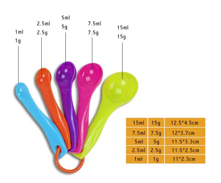 500 5 unids/set de medici&oacute;n cucharas de pl&aacute;stico de colores (1/2,5/5/7,5/15ml) cuchara de medir az&uacute;car pastel hornear cuchara #202143-3