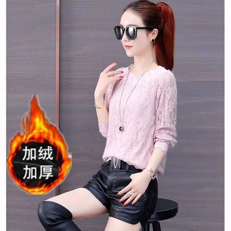 

Женская Толстая кружевная рубашка, Осень-зима 2020, топы с длинными рукавами, закрывающие талию, ажурные, свободная женская блузка