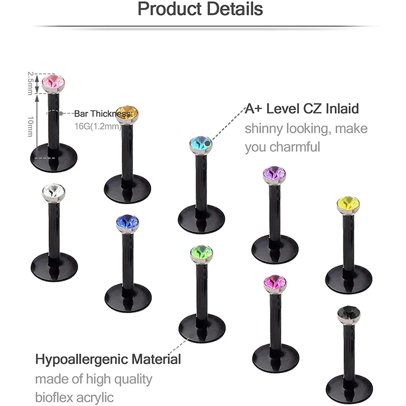Forward Helix Earring Surgical Steel Bioflex Tragus Cartilage Lip Rings 16G 10mm Zircon Labret Stud Barbell Piercing Jewelry | Украшения и