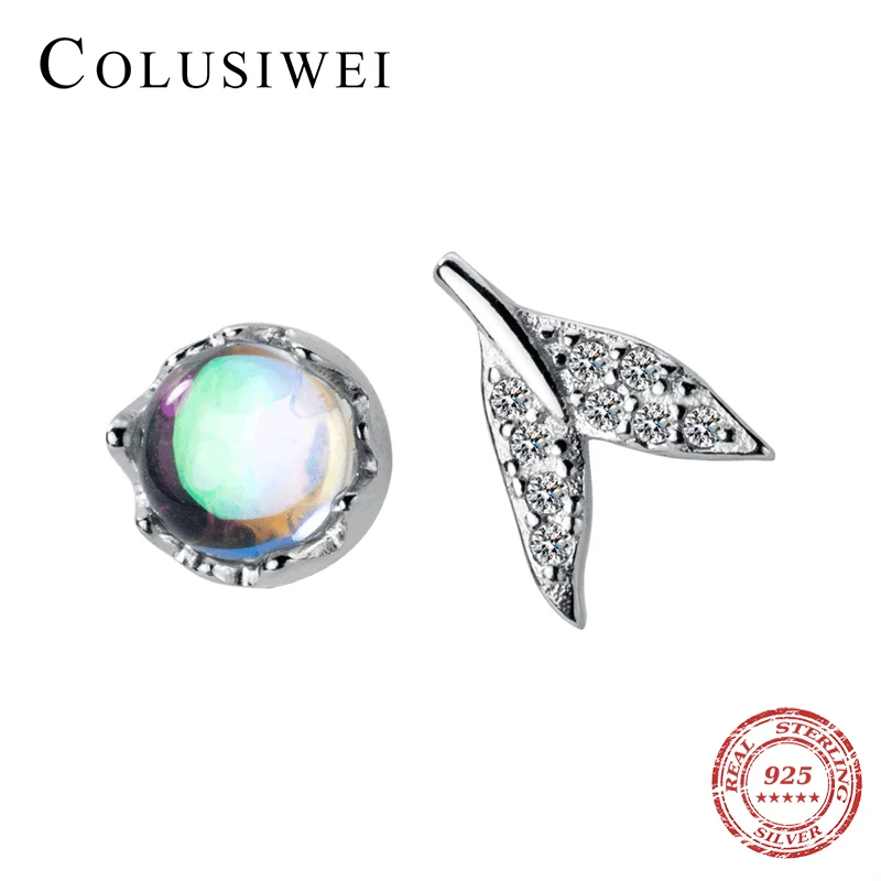 Colusiwei Hot Sale 100% 925 Sterling Silver Aurora Blue Crystal Mermaid Fishtail Small Stud Earrings for Women Jewelry | Украшения и