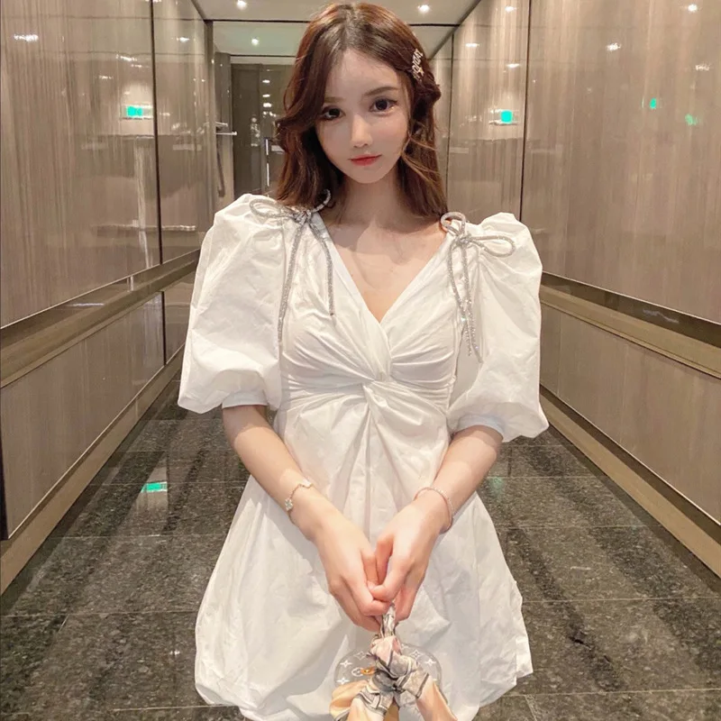 Дизайнерское платье chun xia с рукавами-пузырьками и бантом на талии для женщин 20 лет