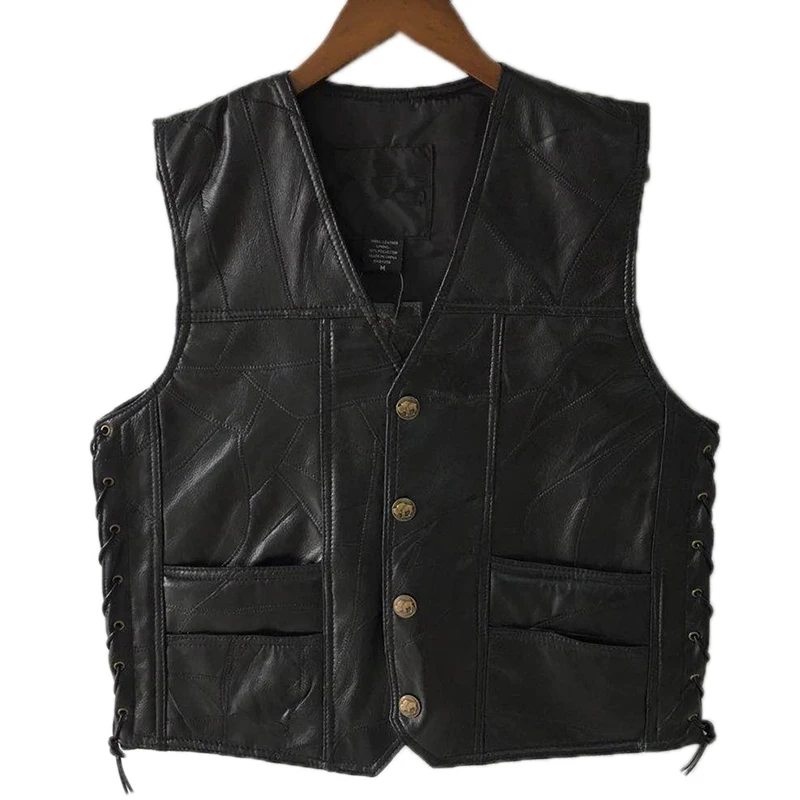 Black Leather Motorcycle Vest For Men Genuine Punk Biker Lace Button Autumn Sleeveless Jacket | Мужская одежда