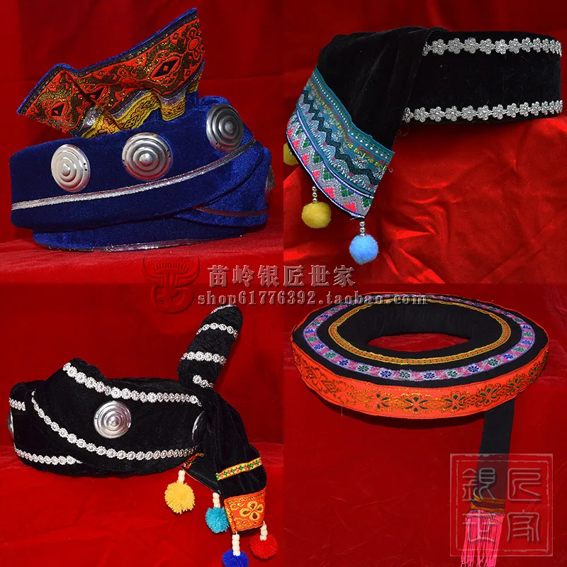 Ethnic Fashion Minority Group Tong Miao Stage Performance Traditional Costume Black Embroidery Bull Fighter w Hat | Тематическая
