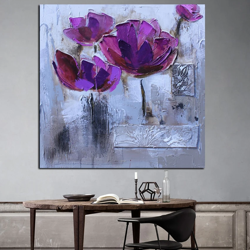 Дешевле прекрасный Фиолетовый цветок ручной работы картина маслом на холсте