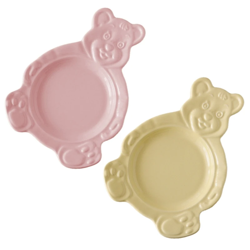 

2X INS Cartoon Bear Cute Ceramic Plate Dessert Bowl Dinner Flat Soup Breakfast Salad Dessert Plate-Pink & Yellow