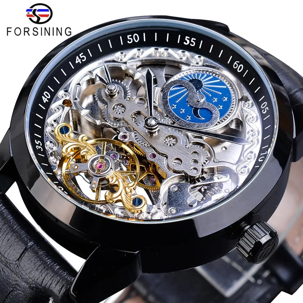 Forsining модные механические мужские часы Skeletion из натуральной кожи Moon Phase