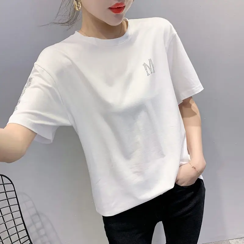 

Europe stand 2020 summer new European edition T-shirt female short-sleeved cotton loose off hot drilling brim big yards